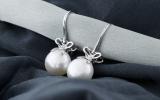10 mm Each Round White Freshwater Pearl & White Diamond Ladies Bow Drop Earrings Sterling Silver