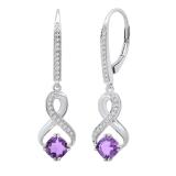 5 MM Each Cushion Amethyst & Round Diamond Ladies Infinity Dangling Drop Earrings Sterling Silver