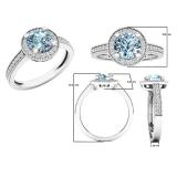 6.5 MM Round Aquamarine & White Diamond Ladies Bridal Halo Engagement Ring 14K White Gold