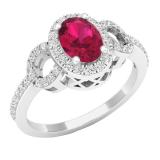 7X5 MM Oval Ruby & Round White Diamond Ladies Bridal Halo Style Engagement Ring 18K White Gold