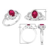 7X5 MM Oval Ruby & Round White Diamond Ladies Bridal Halo Style Engagement Ring 18K White Gold