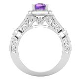 6 MM Round Amethyst & White Diamond Halo Style Split Shank Ladies Engagement Ring 10K White Gold