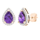 7X5 MM Each Pear Amethyst & Round White Diamond Halo Style Ladies Teardrop Stud Earrings 10K Rose Gold