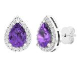 7X5 MM Each Pear Amethyst & Round White Diamond Halo Style Ladies Teardrop Stud Earrings 14K White Gold