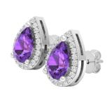7X5 MM Each Pear Amethyst & Round White Diamond Halo Style Ladies Teardrop Stud Earrings 14K White Gold