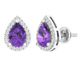 7X5 MM Each Pear Amethyst & Round White Diamond Halo Style Ladies Teardrop Stud Earrings 14K White Gold