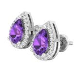 7X5 MM Each Pear Amethyst & Round White Diamond Halo Style Ladies Teardrop Stud Earrings 14K White Gold