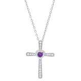 3.5 mm Round Amethyst & White Diamond Ladies Heart Cross Religious Pendant, 10K White Gold