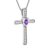 3.5 mm Round Amethyst & White Diamond Ladies Heart Cross Religious Pendant, 10K White Gold