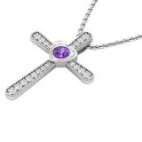3.5 mm Round Amethyst & White Diamond Ladies Heart Cross Religious Pendant, 10K White Gold