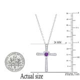 3.5 mm Round Amethyst & White Diamond Ladies Heart Cross Religious Pendant, 10K White Gold