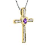 3.5 mm Round Amethyst & White Diamond Ladies Heart Cross Religious Pendant, 10K Yellow Gold
