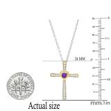 3.5 mm Round Amethyst & White Diamond Ladies Heart Cross Religious Pendant, 10K Yellow Gold