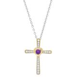 3.5 mm Round Amethyst & White Diamond Ladies Heart Cross Religious Pendant, 18K Yellow Gold