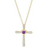 3.5 mm Round Amethyst & White Diamond Ladies Heart Cross Religious Pendant, 14K Yellow Gold