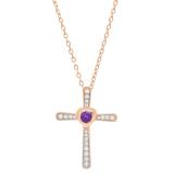 3.5 mm Round Amethyst & White Diamond Ladies Heart Cross Religious Pendant, 18K Rose Gold