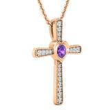 3.5 mm Round Amethyst & White Diamond Ladies Heart Cross Religious Pendant, 18K Rose Gold