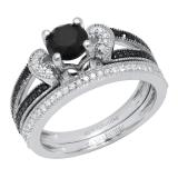 1.40 Carat (ctw) Round Black & White Diamond Ladies Split Shank Wedding Ring Set Sterling Silver