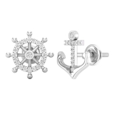 0.10 Ctw Round White Diamond Anchor & Wheel Mismatch Stud Earrings for Her in 10K Solid White Gold, Screw Back