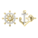 0.10 Ctw Round White Diamond Anchor & Wheel Mismatch Stud Earrings for Her in 10K Solid Yellow Gold, Screw Back
