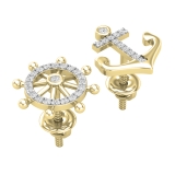 0.10 Ctw Round White Diamond Anchor & Wheel Mismatch Stud Earrings for Her in 10K Solid Yellow Gold, Screw Back
