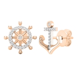 0.10 Ctw Round White Diamond Anchor & Wheel Mismatch Stud Earrings for Her in 18K Solid Rose Gold, Push Back