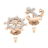 0.10 Ctw Round White Diamond Anchor & Wheel Mismatch Stud Earrings for Her in 18K Solid Rose Gold, Push Back