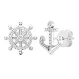 0.10 Ctw Round White Diamond Anchor & Wheel Mismatch Stud Earrings for Her in 925 Sterling Silver in Push Back