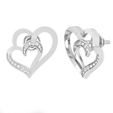 0.03 Carat (ctw) Round White Diamond Ladies Double Heart Stud Earrings 18K White Gold