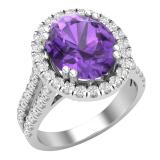 9X11 mm Oval Amethyst & Round White Diamond Halo Style Bridal Engagement Ring, Sterling Silver
