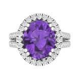 9X11 mm Oval Amethyst & Round White Diamond Halo Style Bridal Engagement Ring, Sterling Silver