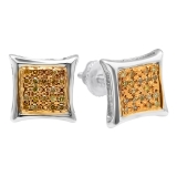 0.10 Carat (ctw) Round Yellow Diamond Micro Pave Mens Kite Stud Earrings 1/10 CT Sterling Silver