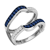 Round Blue Sapphire & White Diamond Knott Wedding Band Enhancer Guard Ring in 10K White Gold