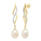 Oval Pearl & Round White Diamond Ladies Swirl Dangling Drop Earrings 10K Yellow Gold