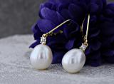 Oval Freshwater Pearl & Round White Diamond Ladies Dangling Drop Earrings 14K Yellow Gold