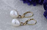 Oval Freshwater Pearl & Round White Diamond Ladies Dangling Drop Earrings 14K Yellow Gold