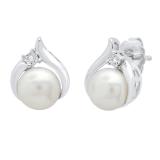 6 mm Round Freshwater Pearl Ladies Stud Earrings with Diamond Accents 925 Sterling Silver