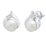 6 mm Round Freshwater Pearl Ladies Stud Earrings with Diamond Accents 925 Sterling Silver