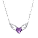 7 mm Heart Amethyst & Round White Diamond Ladies Love Angel Wing Pendant Sterling Silver