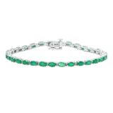 5X3 mm Oval Emerald & Round White Diamond Ladies Fashion Tennis Bracelet 10K White Gold