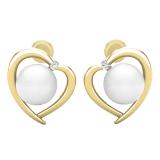 8 MM Each Round White Freshwater Pearl & Diamond Ladies Heart Stud Earrings 14K Yellow Gold