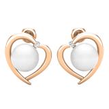 8 MM Each Round White Freshwater Pearl & Diamond Ladies Heart Stud Earrings 18K Rose Gold