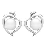 8 MM Each Round White Freshwater Pearl & Diamond Ladies Heart Stud Earrings 18K White Gold