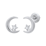 0.02 Carat (ctw) Round White Diamond Ladies Crescent Moon and Star Stud Earrings 10K White Gold