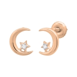 0.02 Carat (ctw) Round White Diamond Ladies Crescent Moon and Star Stud Earrings 18K Rose Gold