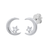 0.02 Carat (ctw) Round White Diamond Ladies Crescent Moon and Star Stud Earrings Sterling Silver