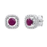 4 mm Round Ruby & White Diamond Ladies Cushion Shape Stud Earrings Sterling Silver