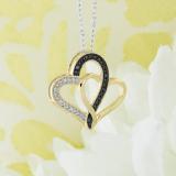 0.04 Carat (ctw) Round Black & White Diamond Ladies Double Heart Pendant 18K Yellow Gold
