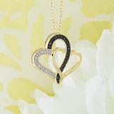 0.04 Carat (ctw) Round Black & White Diamond Ladies Double Heart Pendant 18K Yellow Gold