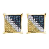 0.05 Carat (ctw) Round White Yellow & Blue Diamond Square Kite Earrings 10K Yellow Gold